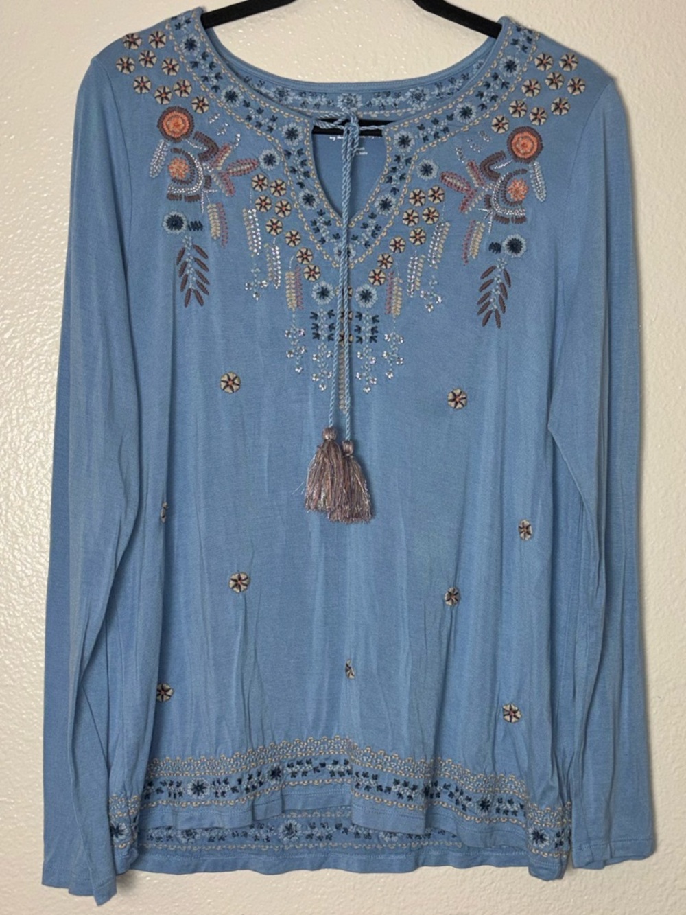 Soft surroundings embroidered long sleeve top with tassels -Blue Women's Medium - Picture 7 of 15